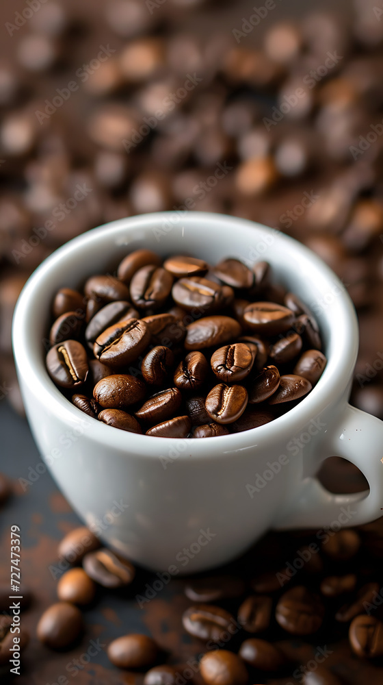 Fototapeta premium A white cup filled to the top with coffee beans