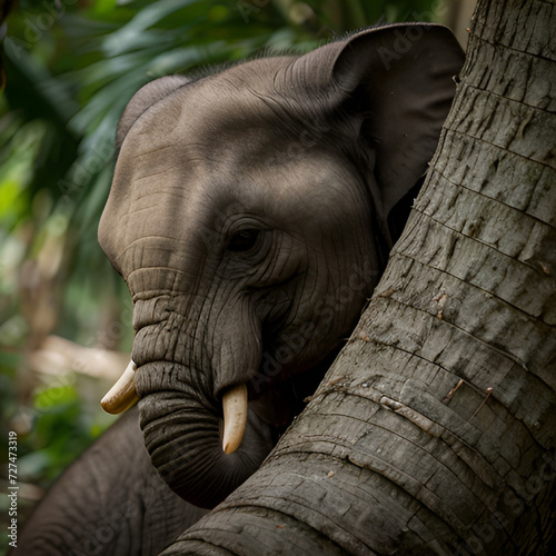 a baby elephant behind a palm tree 