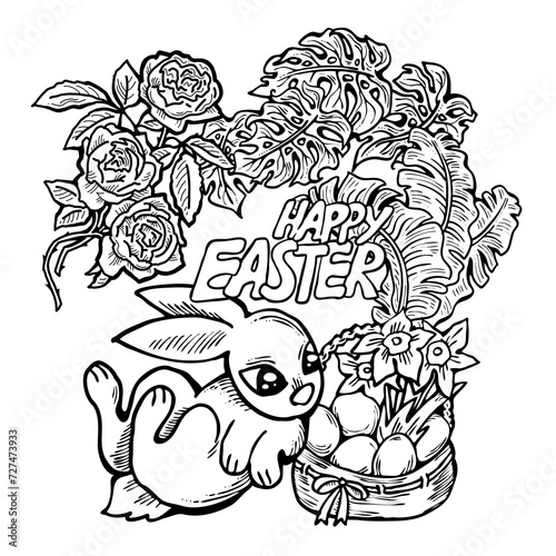 Wallpaper Mural Easter bunny with basket, eggs, flowers and butterfly. Decorative design composition for poster print, greeting card, kids party invitation. Hand drawn illustration. Vintage cartoon style drawing. Torontodigital.ca