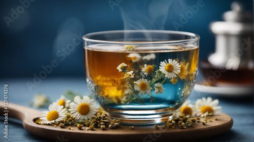  Soothing Infusion: A Cup of Tea with Chamomile and Honey Served in a Glass Bowl, Offering Relaxation and Comfort