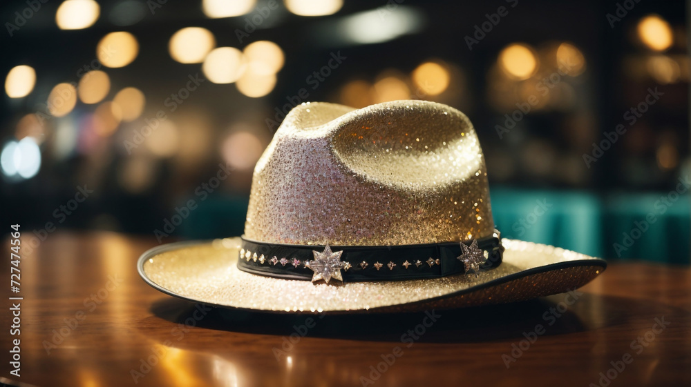 Dazzling Western Charm: A Glittered Cowboy Hat Perched on a Table in Digital Artistry

