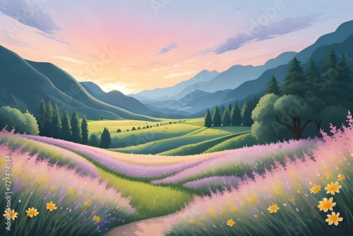 Beautiful and Peaceful Nature Scenery Illustration  Landscape  Countryside  Tranquil  Vibrant and Colorful