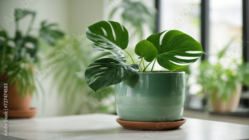  Botanical Beauty: A Green Pot with a Monstera Plant Inside, Enhancing the Aesthetic of a Contemporary Interior