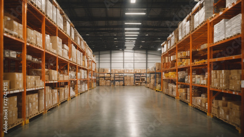 Warehousing Elegance: Captivating View of a Large Warehouse with Rows of Shelves