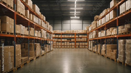 
Organized Chaos: A Large Warehouse with Numerous Items, Rows of Shelves, and Efficient Inventory Management
