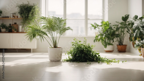 Serenity Amidst Minimalism: A Room with a White Wall and Plants on the Floor