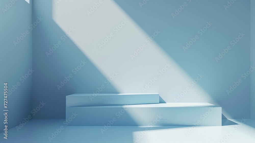 Soft Light on Minimalist Podium in Pastel Blue Room for Product Display Soft Light on Minimalist Podium in Pastel Blue Room for Product Display
