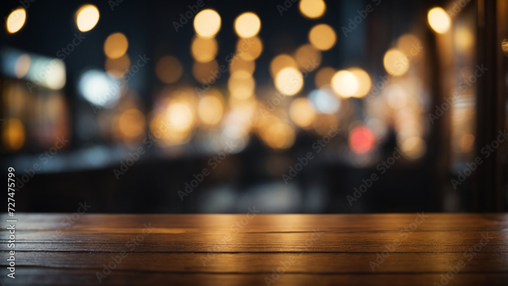 Elegant Ambiance: Background with Blurred Lights and a Table Made of Dark Wood