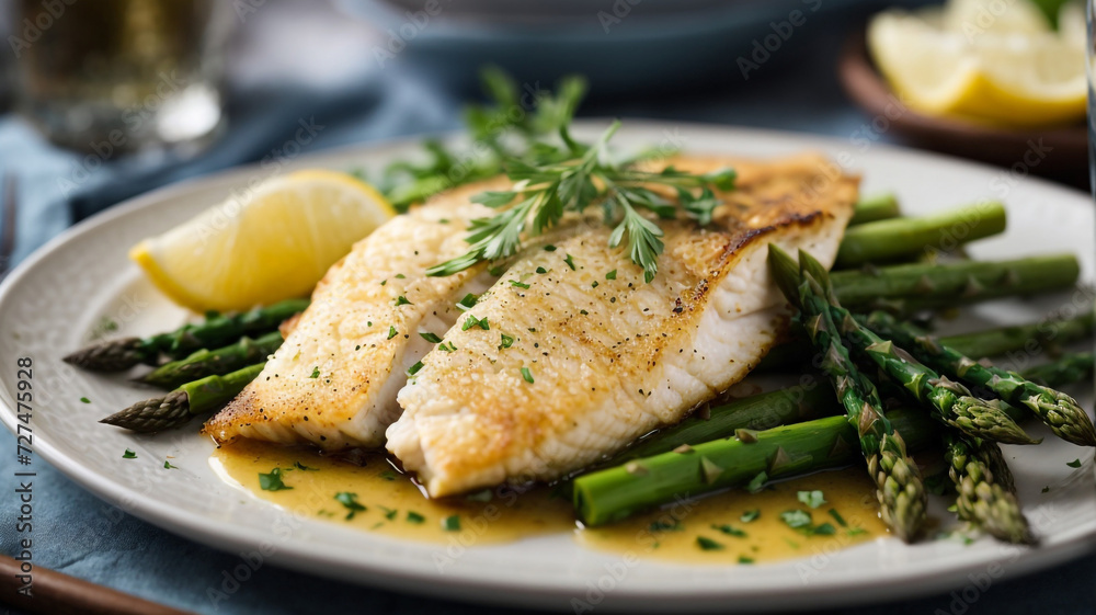 Culinary Delight: Baked Tilapia Fish with Asparagus on a Ceramic Plate
Culinary Delight: Baked Tilapia Fish with Asparagus on a Ceramic Plate