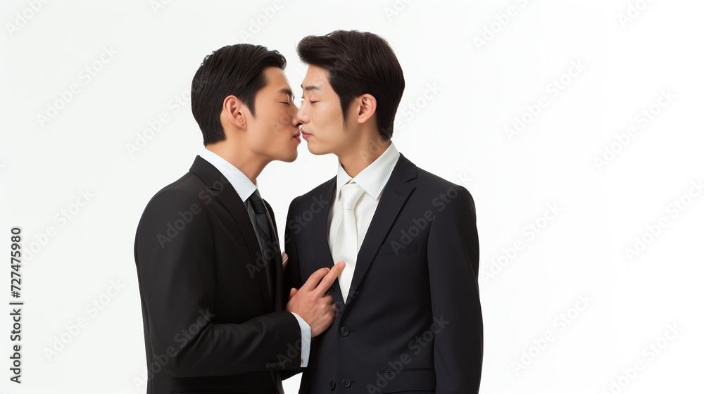 Men in suits whispering, Asian, profile, white background Men in suits whispering, Asian, profile, white background