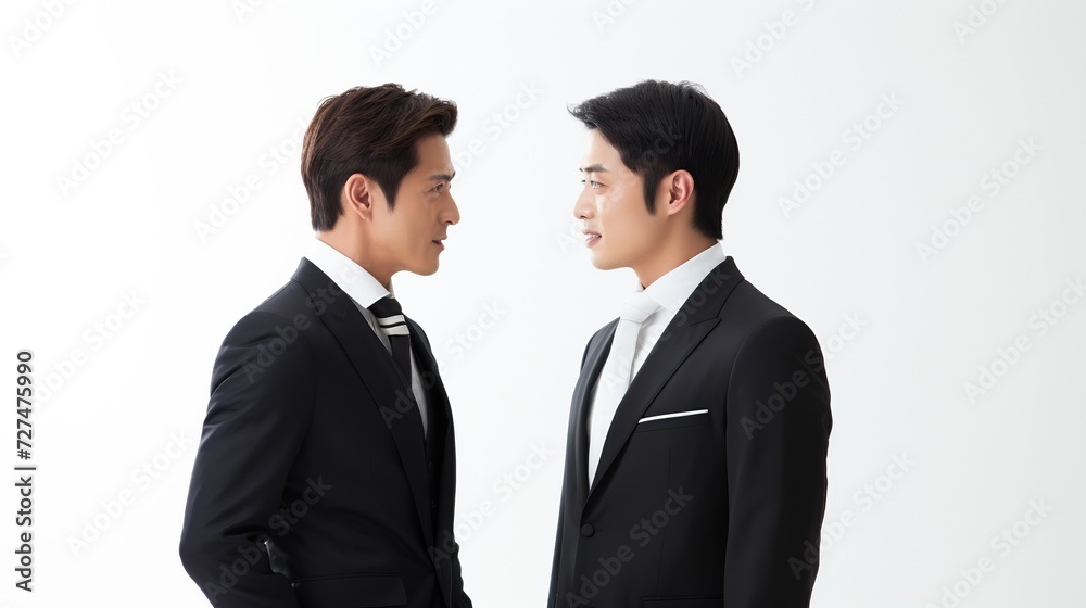 Men in suits whispering, Asian, profile, white background Men in suits whispering, Asian, profile, white background