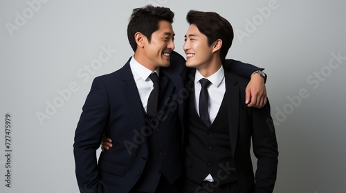 Men in suits whispering, Asian, profile, white background 