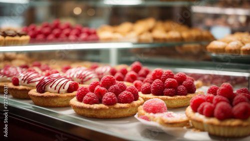 Divine Delights: Beautiful and Delicious Pastries with Raspberry on a Showcase
