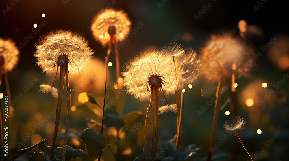 Dandelion field against the sun light. beautiful back light. Close up of dandelions, abstract blurred background