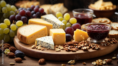 Savoring Sophistication: Big Cheese Board with an Array of Appetizers and Grapes