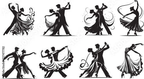 Photos ballrom dancers, dace pose vector graphics black and white set