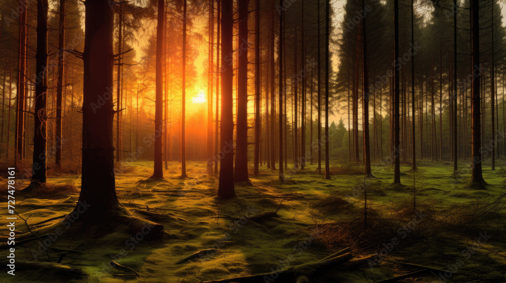 Beautiful backlit dark forest background, with the sun light beaming through the trees