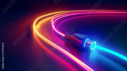 3D charger cable ad template. Charger cable with both type C adapter circle along the curving neon light trail. Concept of fast charging speed photo