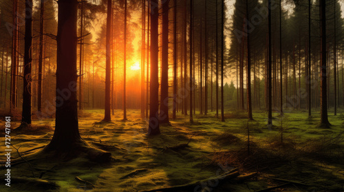 Beautiful backlit dark forest background, with the sun light beaming through the trees