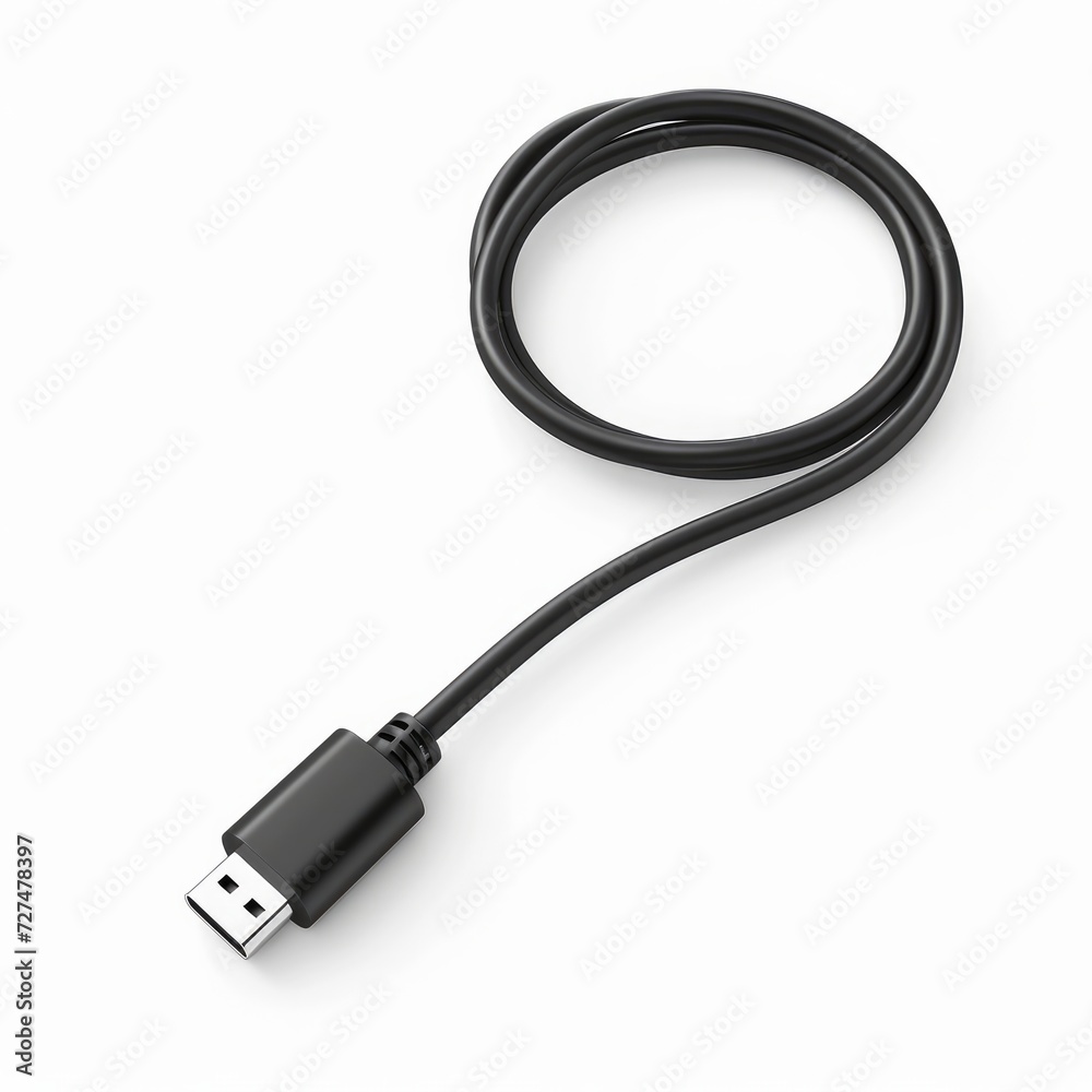 3d realistic vector icon. Black charging usb cabel. Isolated on white background 3d realistic vector icon. Black charging usb cabel. Isolated on white background