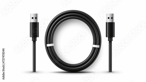 3d realistic vector icon. Black charging usb cabel. Isolated on white background photo