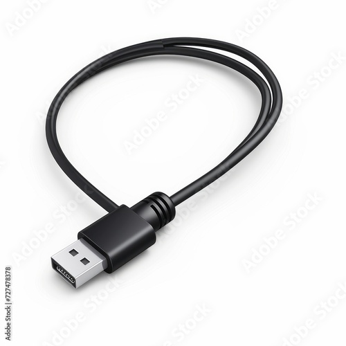 3d realistic vector icon. Black charging usb cabel. Isolated on white background