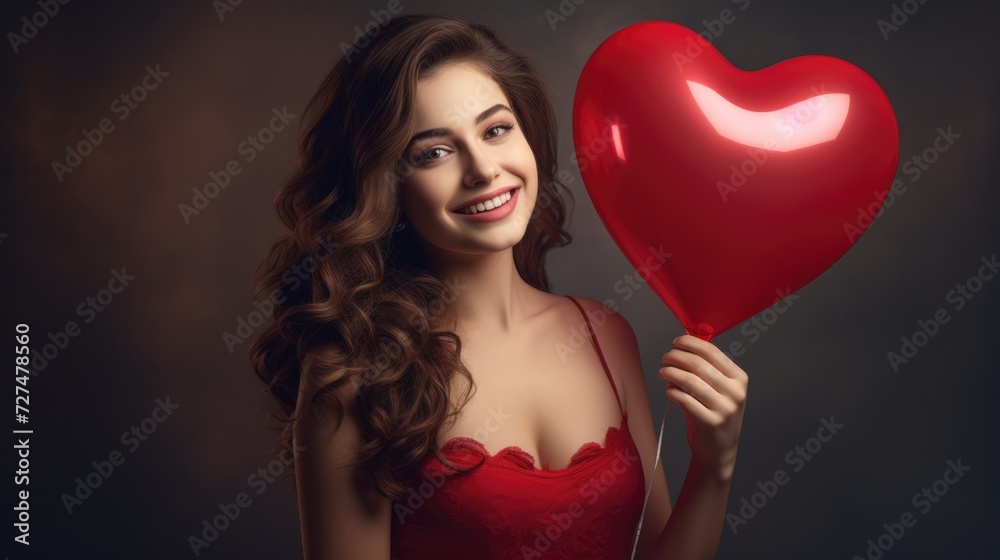 Beautiful smiling young lady holds a red heart shaped balloon. Love and valentine's day. AI Generated Beautiful smiling young lady holds a red heart shaped balloon. Love and valentine's day. AI Generated