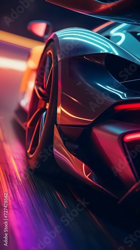 sports supercar's rear, tires gripping the track, as it accelerates under the neon glow © wizXart