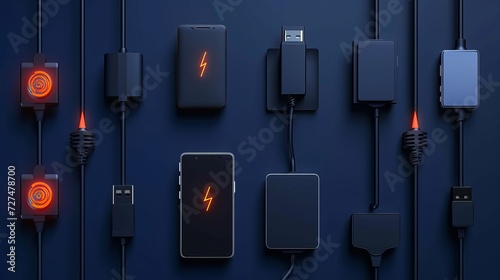 3D smartphone charger cable set isolated on dark blue background. Including phones with charging sign and light effect on screens, and cables with type C adapter