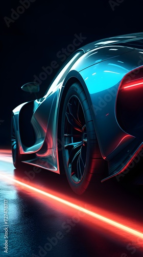 sports supercar's rear, tires gripping the track, as it accelerates under the neon glow