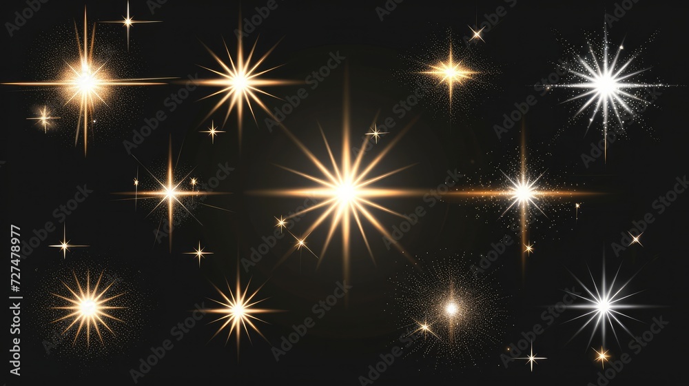 A set of glare. Flashes of light rays. Glow, radiance, glitter effect. A collection of different glowing sparks, stars. Vector illustration on a transparent background A set of glare. Flashes of light rays. Glow, radiance, glitter effect. A collection of different glowing sparks, stars. Vector illustration on a transparent background