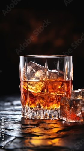 Glass of whiskey with ice on a bar counter. Alcohol drink in restaurant. Dark background. Vertical shot. AI Generated 