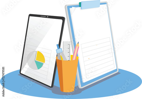 This icon shows an iPad with a round diagram, pencil case and writing pad photo