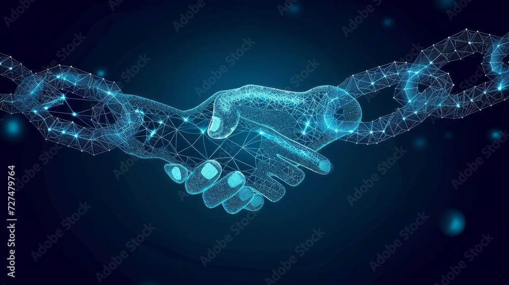 Blockchain technology agreement handshake business concept low poly. Polygonal point line geometric design. Hands chain link internet hyperlink connection blue vector illustration Blockchain technology agreement handshake business concept low poly. Polygonal point line geometric design. Hands chain link internet hyperlink connection blue vector illustration