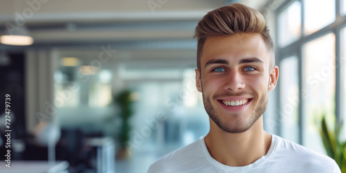 young handsome man with blue eyes on the background of a modern IT office, worker, programmer, professional, designer, guy, boy, portrait, smile, space for text, coworking, open space, people, person