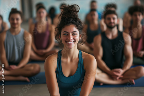 A woman is smiling in front of a group of people sitting on yoga mats