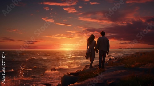 Sunset Serenity: A Romantic Evening by the Seaside with a Couple Engulfed in Love, Nature's Beauty, and Moments of Happiness