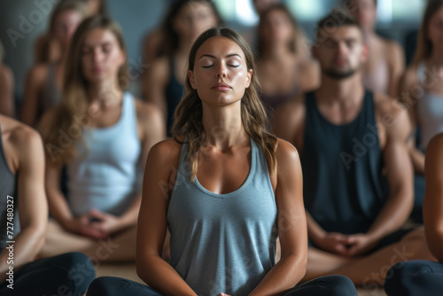 A woman sits in a lotus position with her eyes closed