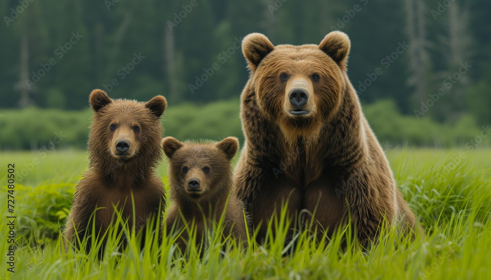 Obraz premium A mother brown bear and her two cubs sit attentively in a lush green meadow, their gaze fixed forward with the dense forest as a backdrop