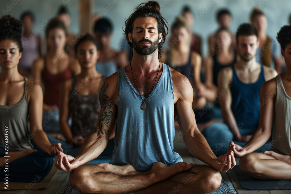 A man sits in a lotus position in front of a group of people A man sits in a lotus position in front of a group of people