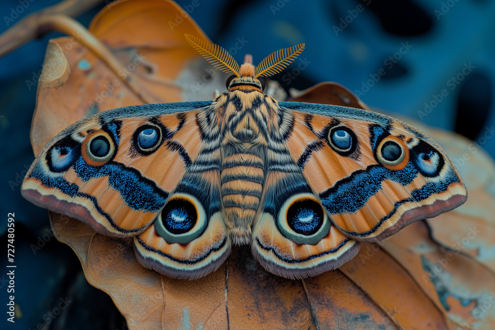A detailed close-up of a large moth with intricate eyespots on its wings, resting on a brown leaf, displaying its stunning patterns and camouflage in nature A detailed close-up of a large moth with intricate eyespots on its wings, resting on a brown leaf, displaying its stunning patterns and camouflage in nature