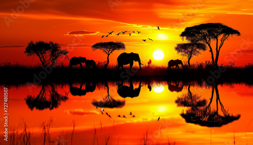 Against a vibrant orange sunset on the African savannah, the silhouettes of elephants and trees are beautifully reflected on the water's surface, with birds flying overhead