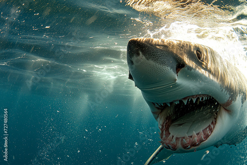 An underwater close-up of a menacing shark with an open mouth full of sharp teeth, as sunlight filters through the water above