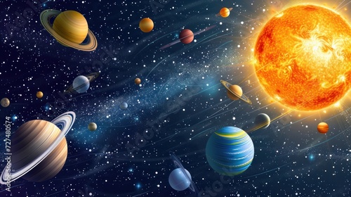 Colorful solar system with nine planets which orbit sun. Galaxy discovery and exploration. Realistic planetary system with satellites in deep space vector illustration. Astronomy science banner