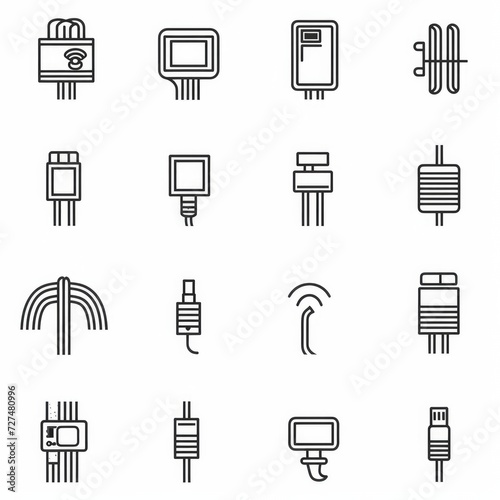 Digital Cable icons set. Cables of various types and purposes. Telecommunications, Internet, telephony, linear icon collection. Line with editable stroke