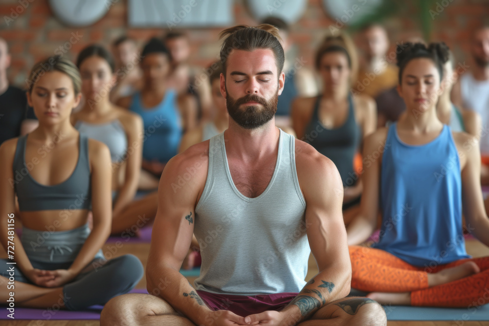 A group of people sit in a lotus position with their eyes closed - obrazy, fototapety, plakaty 