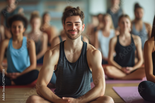 A man sits in a lotus position in front of a group of people