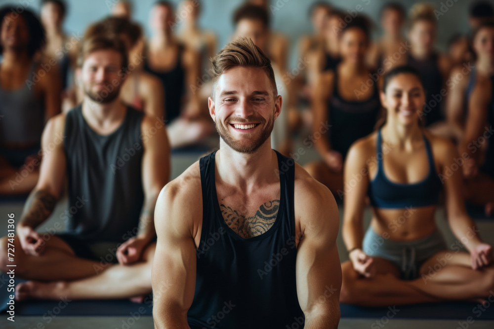 A man with a tattoo on his chest sits in front of a group of people doing yoga - obrazy, fototapety, plakaty 