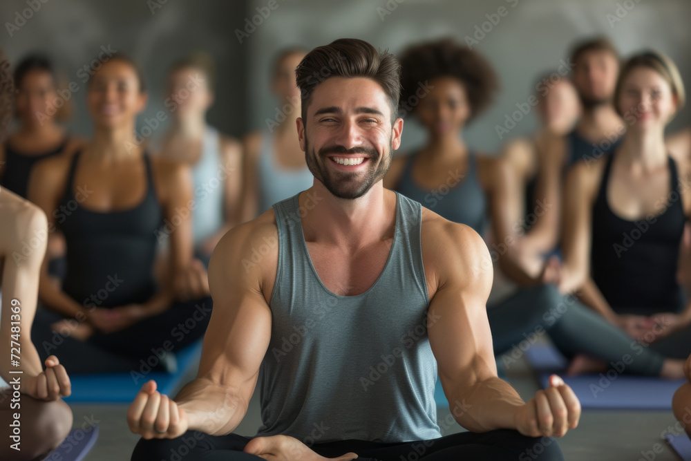 A man sits in a lotus position in front of a group of people - obrazy, fototapety, plakaty 