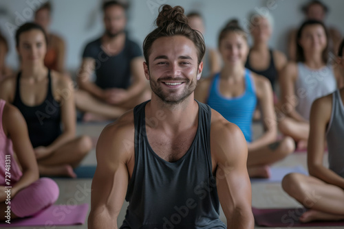 A man is smiling in front of a group of people doing yoga